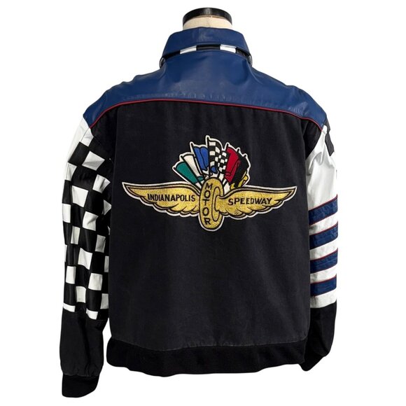 Indianapolis Speedway Racing Jacket XL 90s Style Checkered Flag & Eagle Patch - Picture 1 of 14